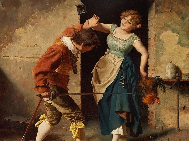 1845-Giuseppe Guzzardi - Interno di una cucina con una giovane coppia spensierata